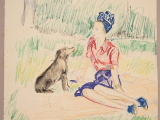 Vente aux enchères Mario CAVAGLIERI.  "Jeune femme et son chien" Dessin, crayons de coule