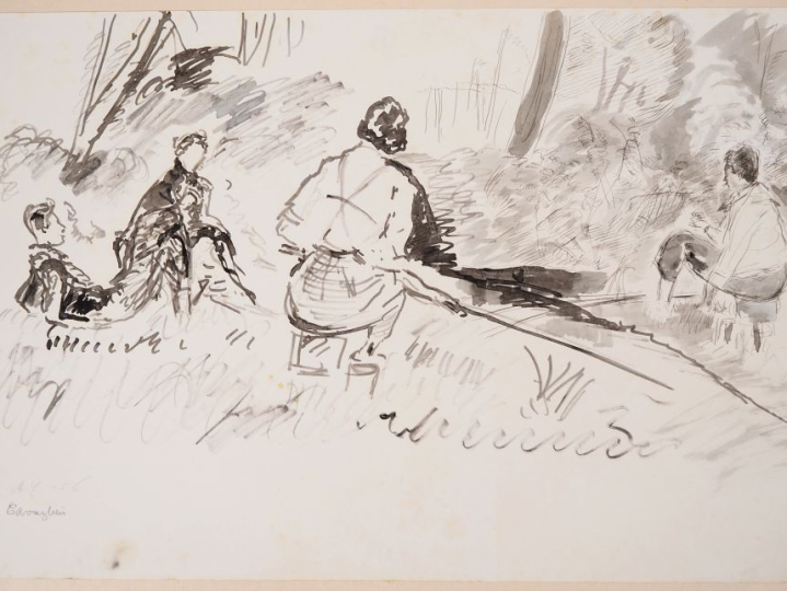 Mario CAVAGLIERI.  "Partie de pêche" Encre, signée en bas à gauche et 