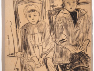Vente aux enchères Mario CAVAGLIERI. "Les deux enfants" Dessin au fusain, signé en bas à 