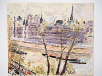 Vente aux enchères Mario CAVAGLIERI.  "Paris, la Seine et Notre Dame" Aquarelle, signée e