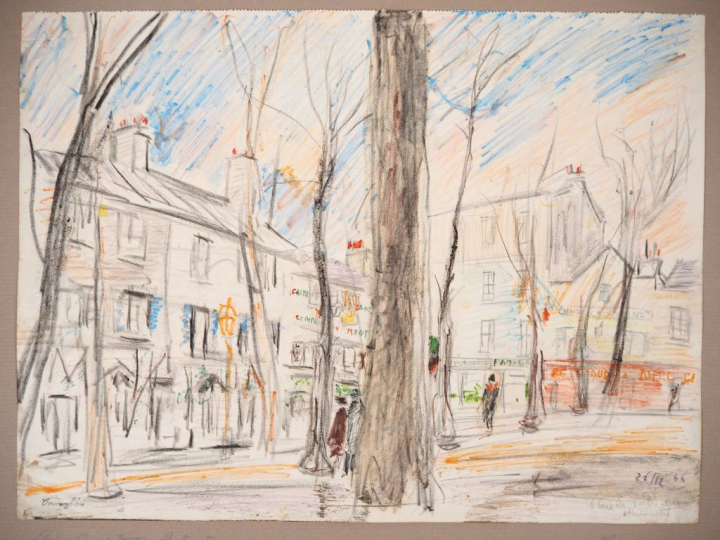Mario CAVAGLIERI.  "Paris, la place du Tertre" Dessin aux crayons de c