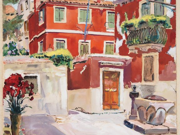 Mario CAVAGLIERI.  "Venise, maison rouge dans un camp"  Aquarelle goua