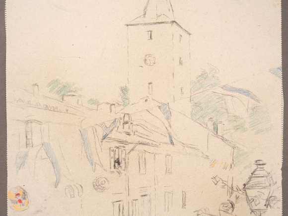 Mario CAVAGLIERI.  "La fête au village" Dessin au crayon noir et de co