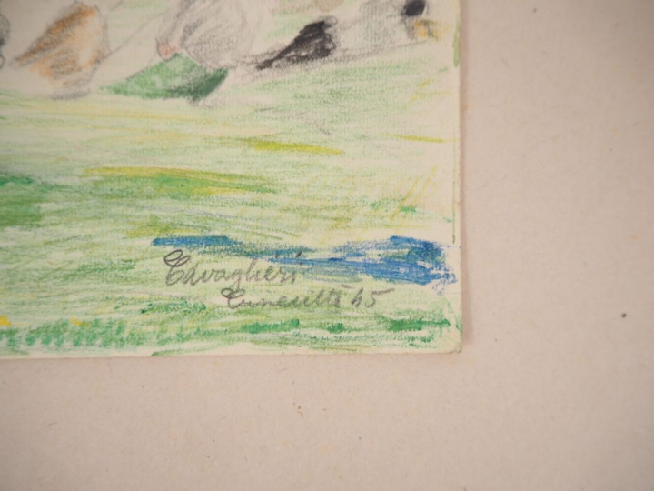 Mario CAVAGLIERI.  "Rome, personnages près de ruines antiques" Dessin 