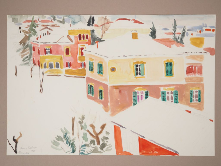 Mario CAVAGLIERI. "Neige à Bologne" Aquarelle, signée en bas à gauche,