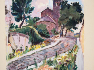 Vente aux enchères Mario CAVAGLIERI.  "Vieille église près de Gênes"  Gouache, signée en 
