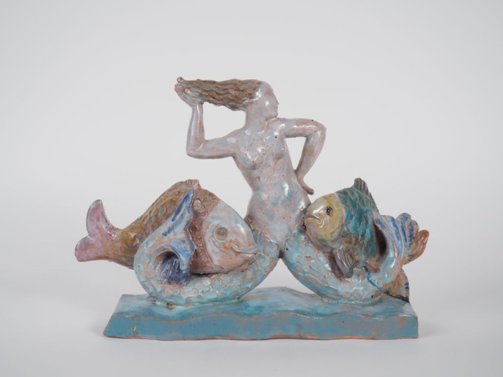 Henri Paul REY.  "Sirène et deux poissons" Groupe en terre cuite verni