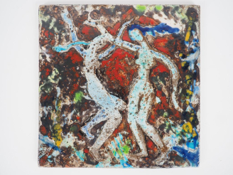 Vente aux enchères Henri Paul REY.  Plaque en céramique émaillée et polychrome "la danse"