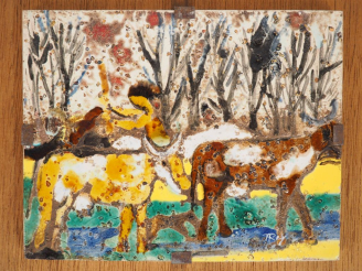 Vente aux enchères Henri Paul REY.  "paysanne et son troupeau" Plaque en céramique émaill