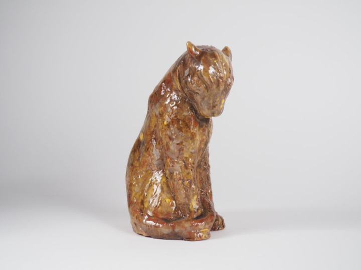 Henri Paul REY.  "félin assis" Sculpture en terre cuite vernissée  Sig