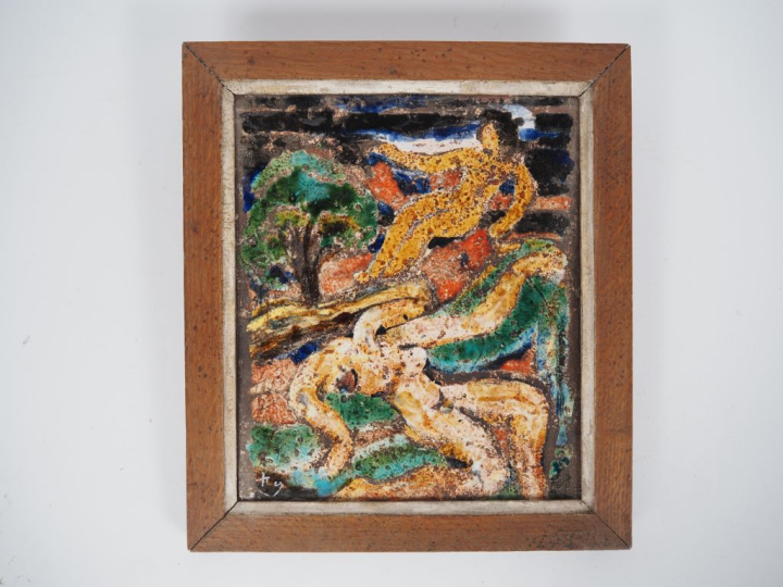 Henri Paul REY. "Femme nue dans un paysage",  Plaque en terre cuite ém