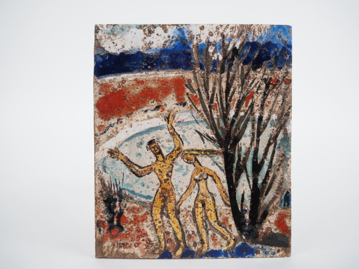 Henri Paul REY. "Adam et Eve" Plaque en terre cuite émaillée polychrom
