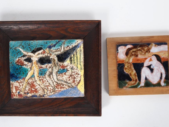 Henri Paul REY. "Jeune femme dénudée" Deux plaques en terre cuite émai