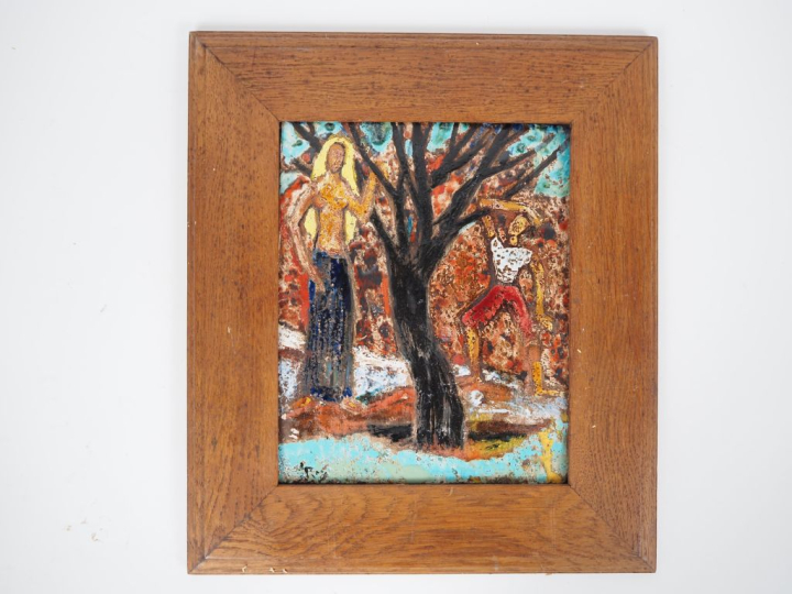 Henri Paul REY. "Personnages près d'un arbre" Plaque en terre cuite ém