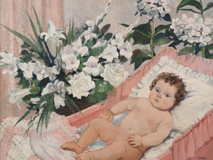 Suzanne REY de JAEGHER.  "Bébé dans son berceau entouré de fleurs".  H
