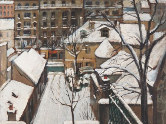 Vente aux enchères Suzanne REY de JAEGHER.  "Paris sous la neige".  Huile sur panneau, si