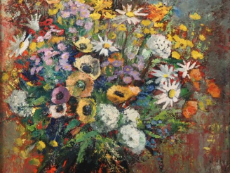 Vente aux enchères Suzanne REY de JAEGHER.  "Bouquet de fleurs d'été dans un vase" Huile 