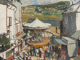 Vente aux enchères Suzanne REY de JAEGHER.  "La fête foraine".  Huile sur toile.  Dim. 50