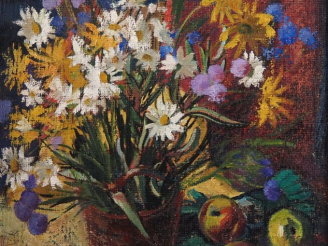 Vente aux enchères Suzanne REY de JAEGHER.  "Nature morte aux fleurs et aux fruits".  Hui