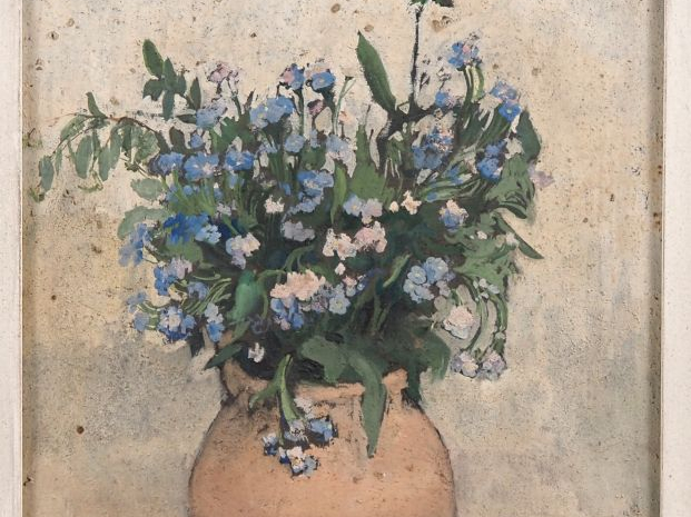 Suzanne REY de JAEGHER. "Bouquet de fleurs bleues dans une cruche en t
