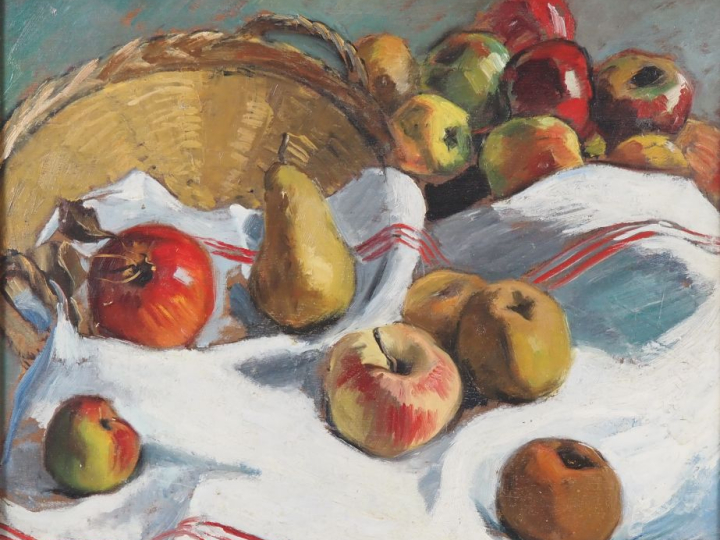 Suzanne REY de JAEGHER. "Nature morte aux pommes et aux poires".  Huil
