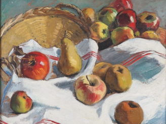 Vente aux enchères Suzanne REY de JAEGHER. "Nature morte aux pommes et aux poires".  Huil