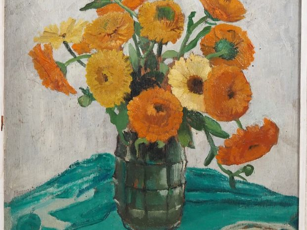 Suzanne REY de JAEGHER. "Bouquet de soucis".  Huile sur panneau, signé