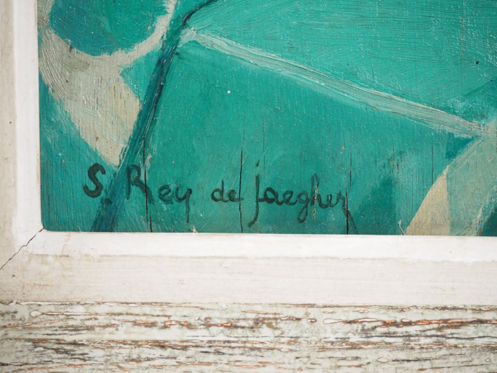 Suzanne REY de JAEGHER. "Bouquet de soucis".  Huile sur panneau, signé