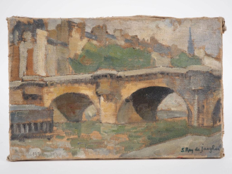 Vente aux enchères Suzanne REY de JAEGHER. "Le vieux pont".  Huile sur toile, signée en b