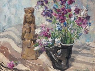 Vente aux enchères Suzanne REY de JAEGHER.  "Bouquet à la Vierge".  Huile sur panneau, si