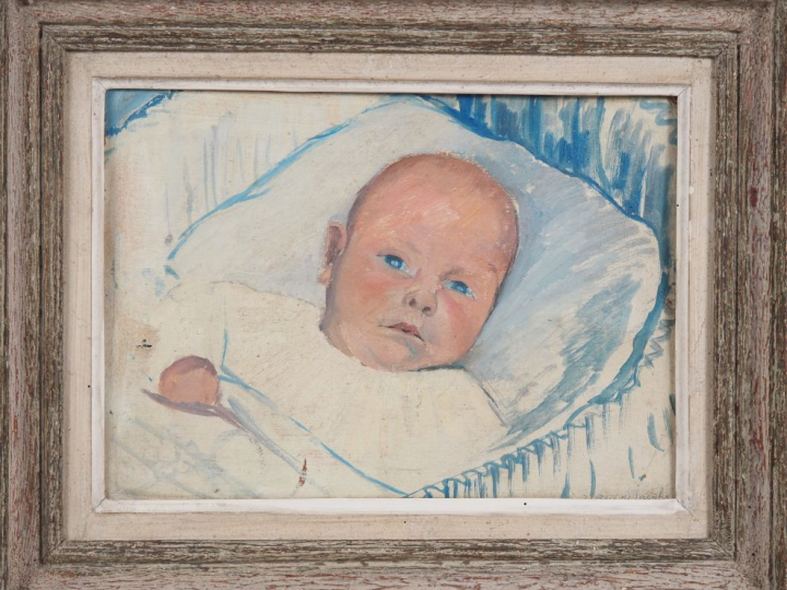 Suzanne REY de JAEGHER.  "Portrait de bébé".  Huile sur carton, signée