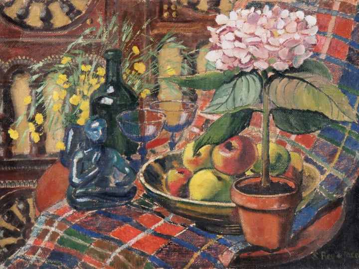 Suzanne REY de JAEGHER.  "L'Hortensia".  Huile sur toile, signée en ba