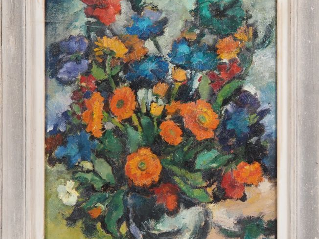 Suzanne REY de JAEGHER.  "Bouquet de fleurs".  Huile sur toile, signée