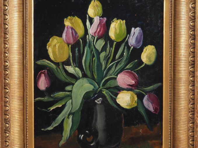 Suzanne REY de JAEGHER. "Bouquet de tulipes".  Huile sur panneau, sign