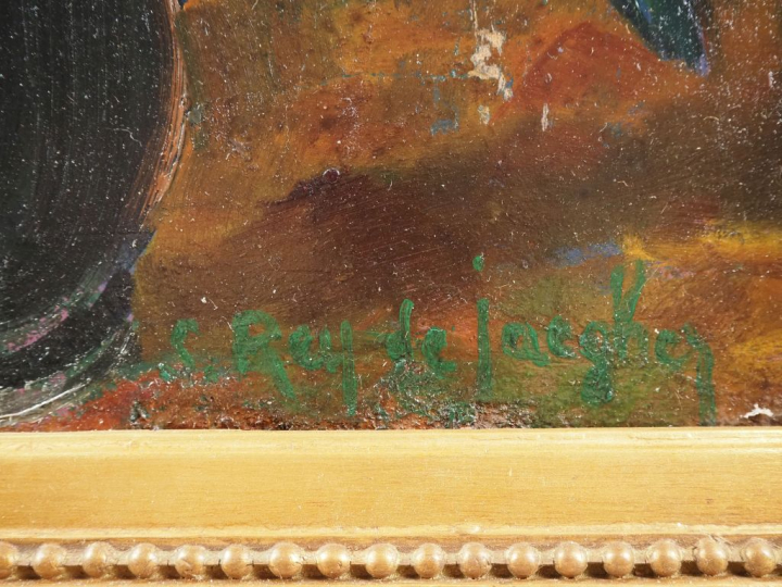 Suzanne REY de JAEGHER. "Bouquet de tulipes".  Huile sur panneau, sign