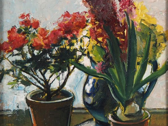 Suzanne REY de JAEGHER.  "Nature morte aux fleurs".  Huile sur panneau