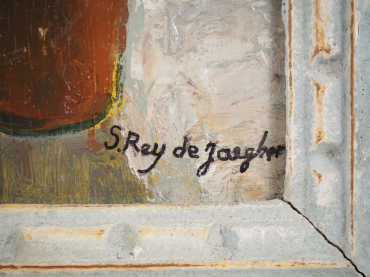 Suzanne REY de JAEGHER.  "Nature morte aux fleurs".  Huile sur panneau