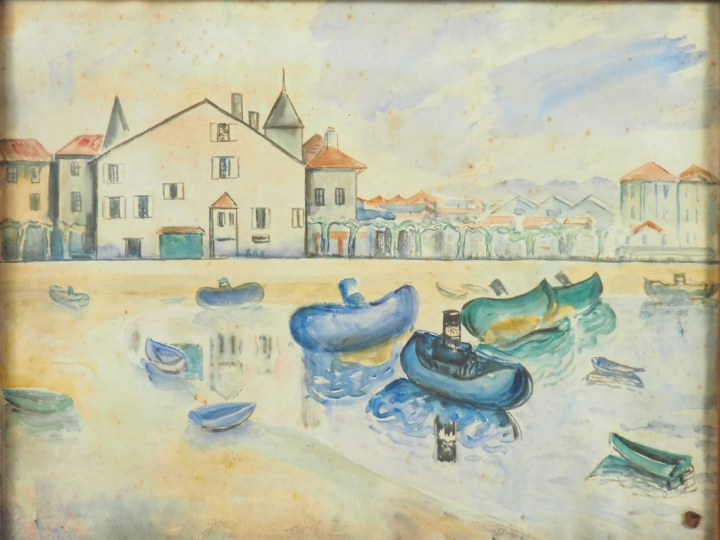 Paul MANAUT.  4 différentes aquarelles "marché aux puces", "village", 