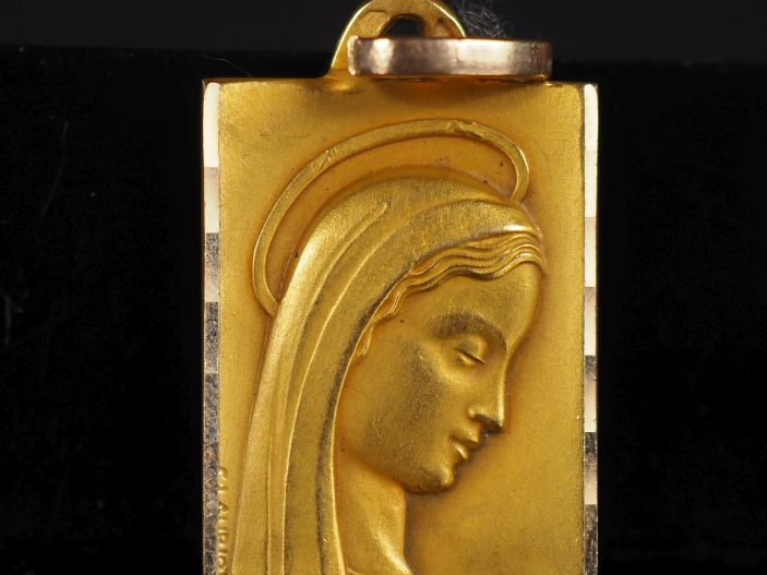 Médaille de baptême rectangulaire en or 750 "Profil de Sainte Vierge" 
