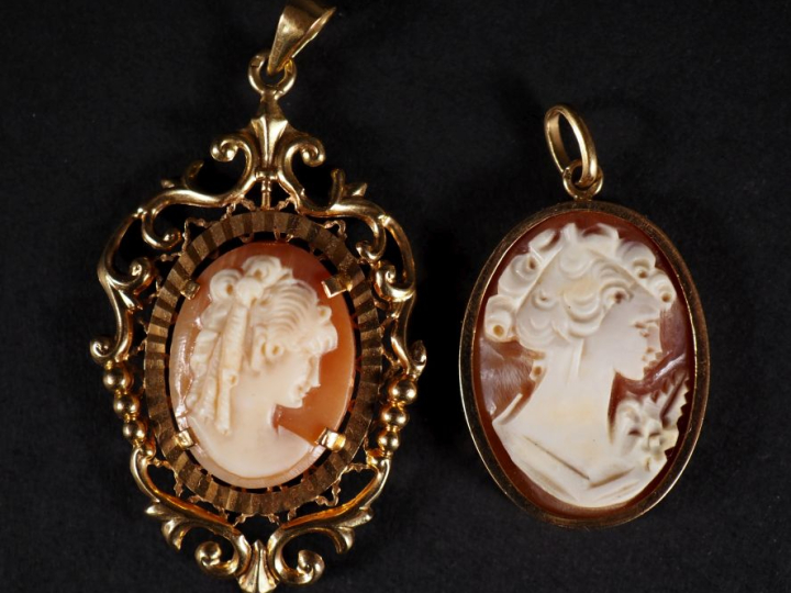 2 camées coquille, profil de jeune fille, montures or  Poids tel : 8,9