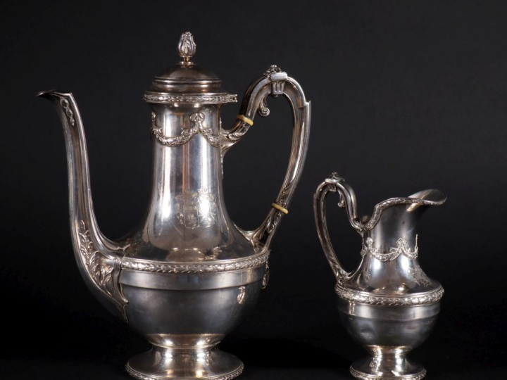 Partie de service à café en argent 925, de style Louis XVI à décor de 