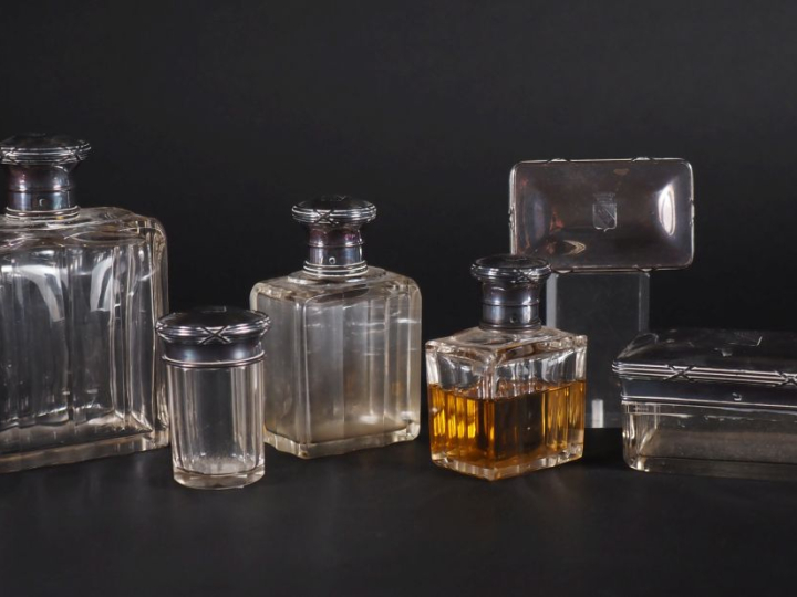 Garniture de toilette en cristal à pans coupés, monture en argent 925,