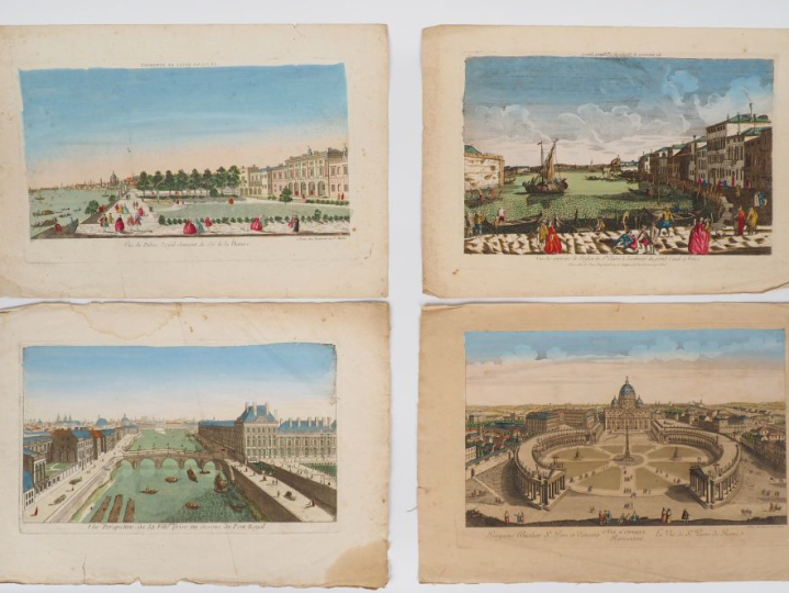 Ensemble de 17 vues d'optique "vues de ville". (mouillures)