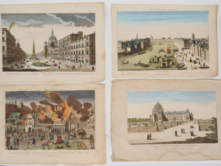 Ensemble de 17 vues d'optique "vues de ville". (mouillures)