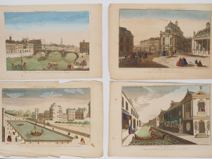 Ensemble de 17 vues d'optique "vues de ville". (mouillures)