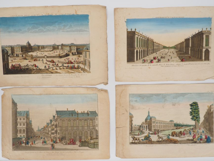 Ensemble de 17 vues d'optique "vues de ville". (mouillures)