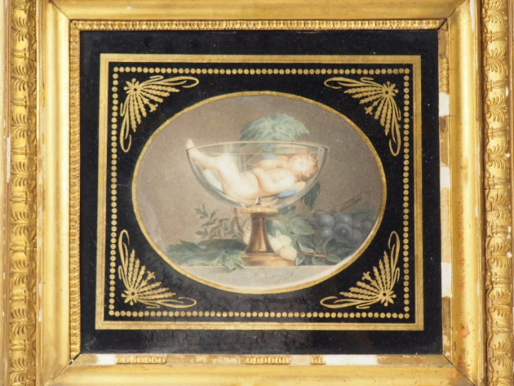 4 gravures en couleur début XIXème dans des cadres en stuc doré et ver