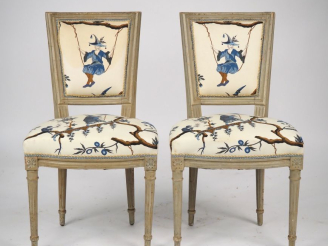 Vente aux enchères Paire de chaises Napoléon III de style Louis XVI en bois laqué gris, g