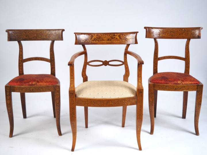 Fauteuil italien début XIXème en marqueterie, à décor damours, d'oisea
