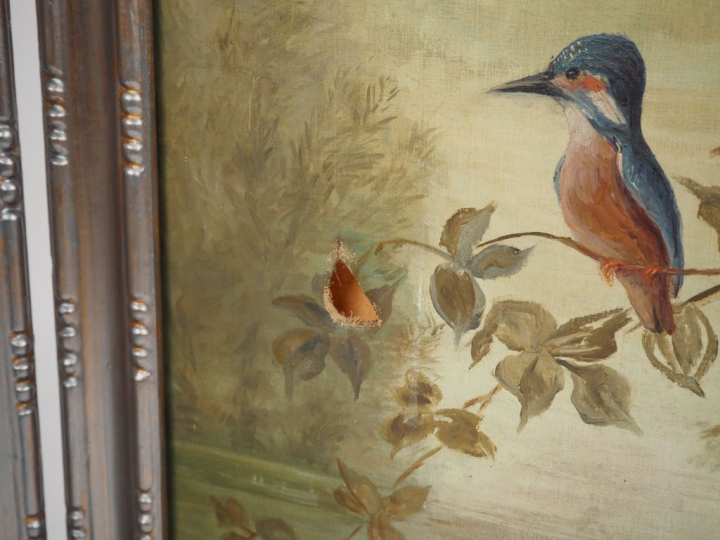 Paravent 1900 à trois brins, toiles peintes à décor d'oiseaux , montan